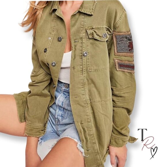 Free People Distressed Embellished Military Shirt Jacket Green Lagenlook Size S - Picture 1 of 12